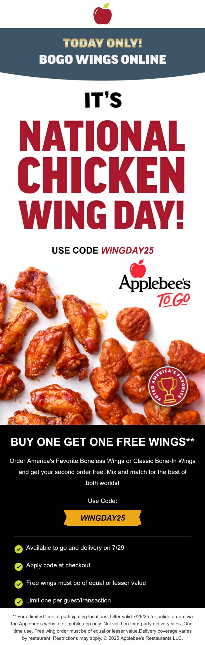 Applebees restaurants Coupon  Second order chicken wings free today at Applebees via promo code WINGDAY25 #applebees 