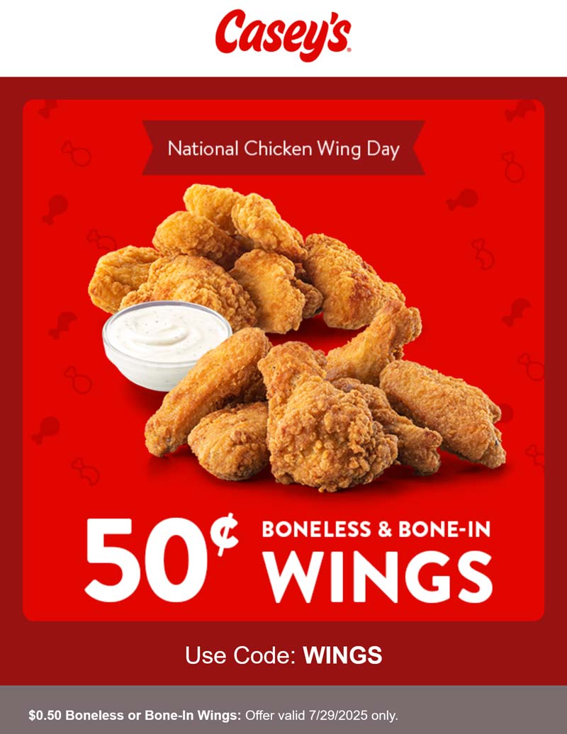 Caseys restaurants Coupon  .50 cent chicken wings today at Caseys #caseys 