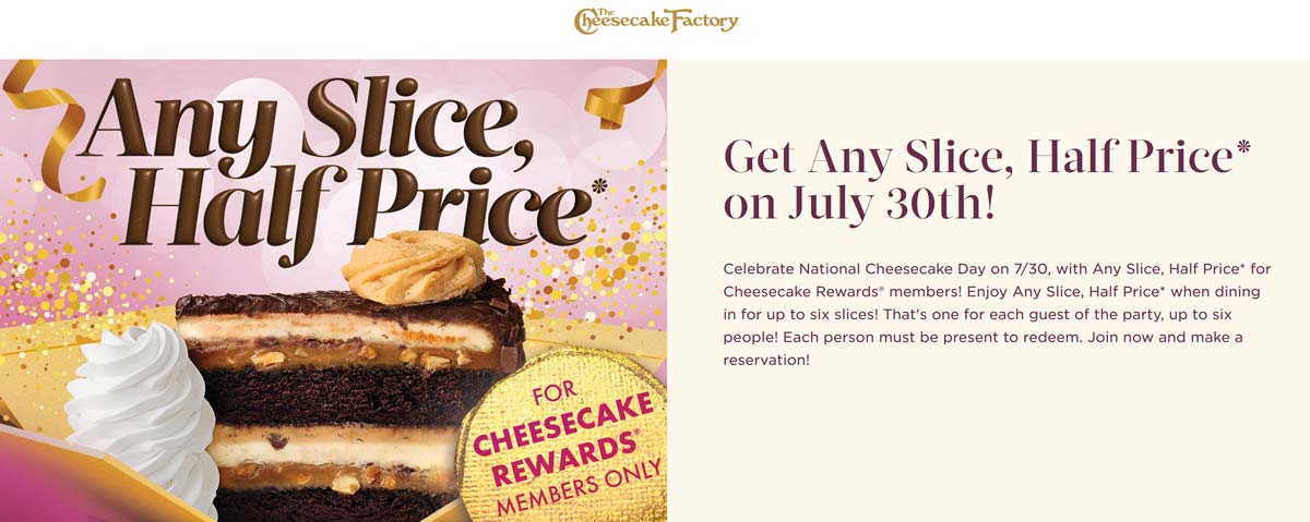 The Cheesecake Factory coupons & promo code for August 2025