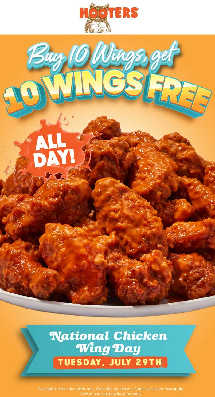 Hooters restaurants Coupon  Second 10pc chicken wings free today at Hooters #hooters 