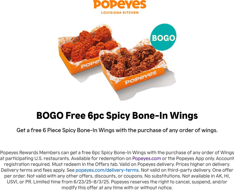 Popeyes restaurants Coupon  Second 6pc chicken wings free via login at Popeyes #popeyes 