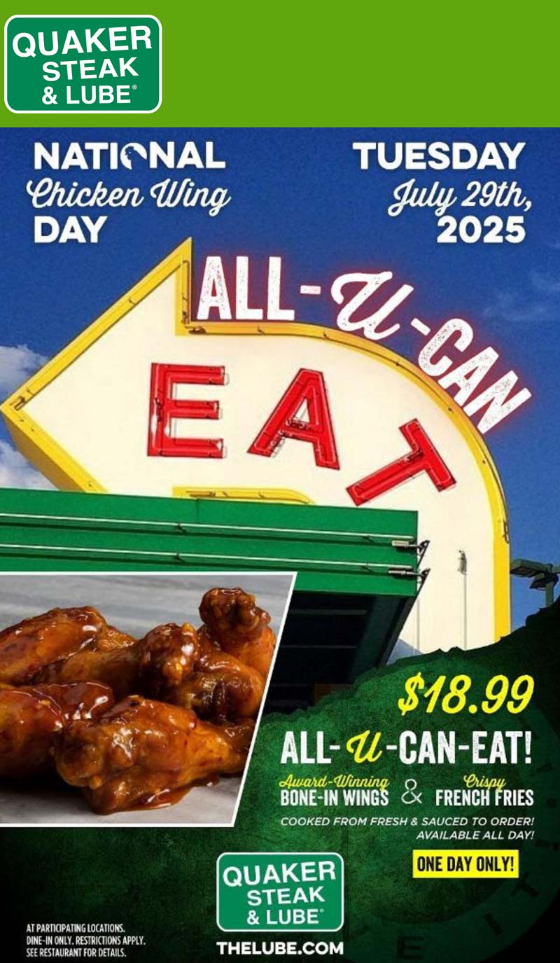 Quaker Steak and Lube restaurants Coupon  Bottomless chicken wings & fries = $19 today at Quaker Steak and Lube #quakersteakandlube 