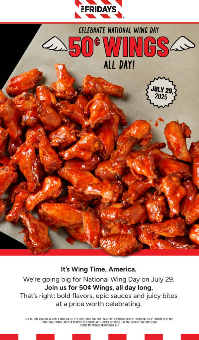 TGI Fridays restaurants Coupon  .50 cent chicken wings today at TGI Fridays #tgifridays 