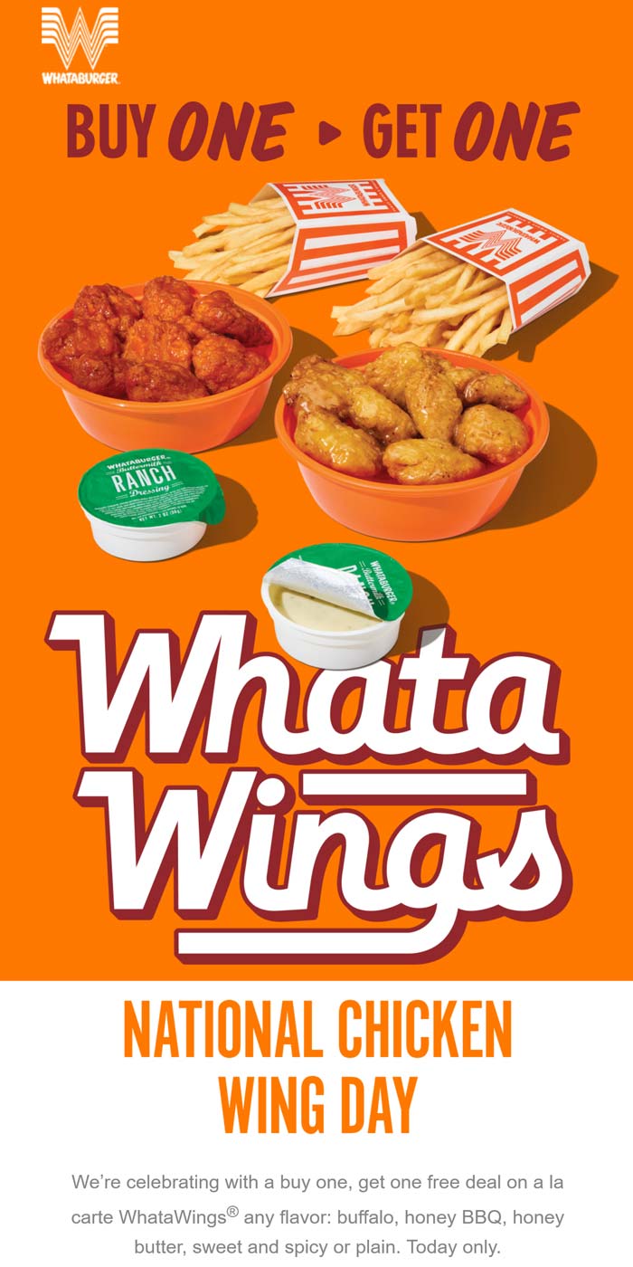 Whataburger restaurants Coupon  Second chicken wings free today at Whataburger #whataburger 
