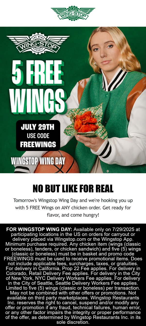 Wingstop restaurants Coupon  5 free wings with any chicken order today at Wingstop via promo code FREEWINGS #wingstop 