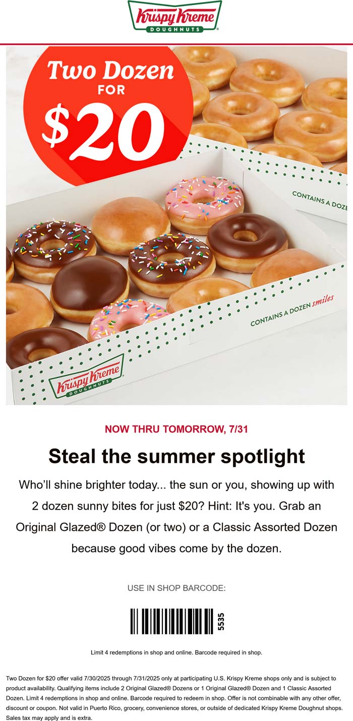 Krispy Kreme restaurants Coupon  2 dozen doughnuts = $20 at Krispy Kreme #krispykreme 