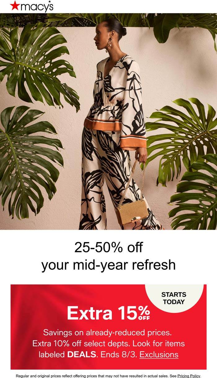 Macys stores Coupon  Extra 15% off sale items & more at Macys, or online via promo code DEALS #macys 