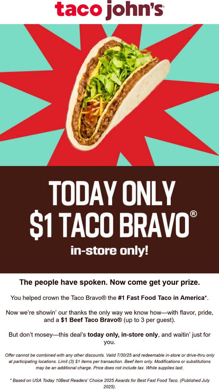 Taco Johns restaurants Coupon  $1 taco bravo today at Taco Johns #tacojohns 