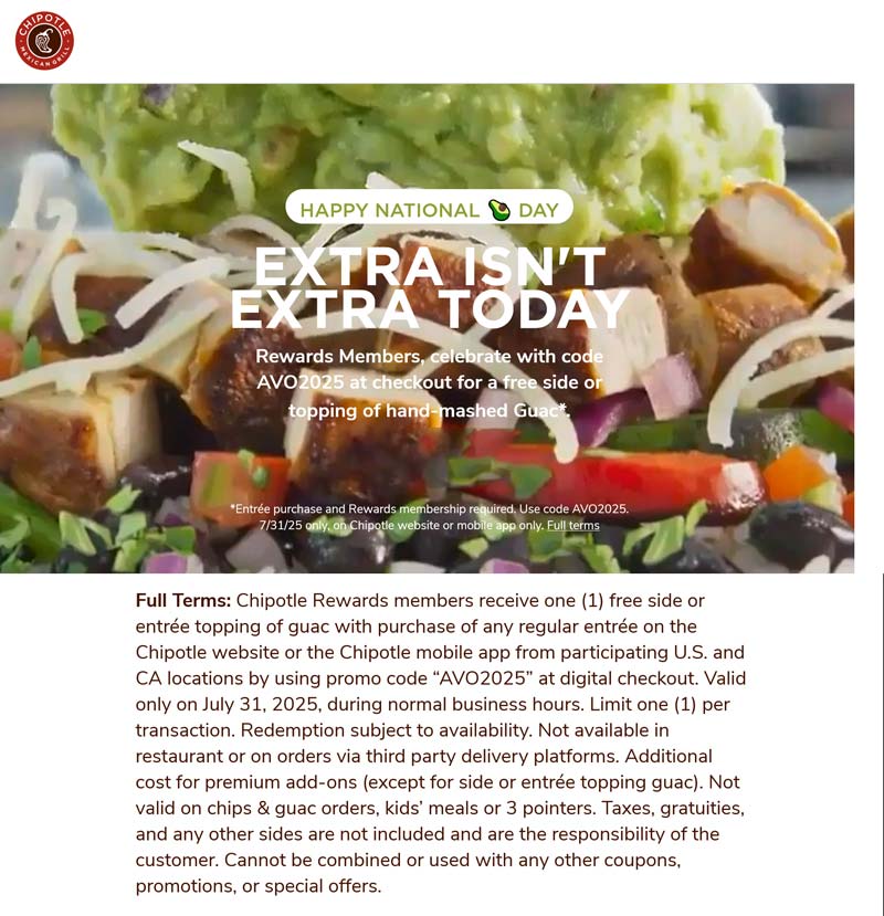 Chipotle restaurants Coupon  Free avocado today at Chipotle via promo code AVO2025 #chipotle 