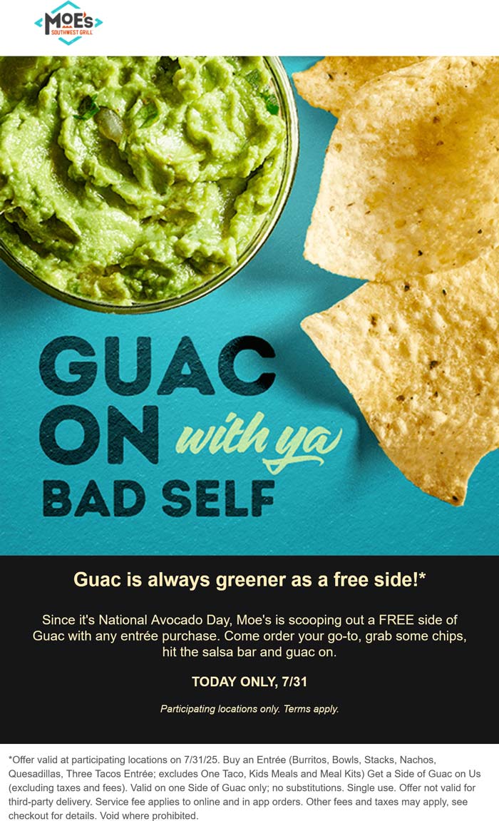 Moes Southwest Grill restaurants Coupon  Free guacamole with your entree today at Moes Southwest Grill #moessouthwestgrill 