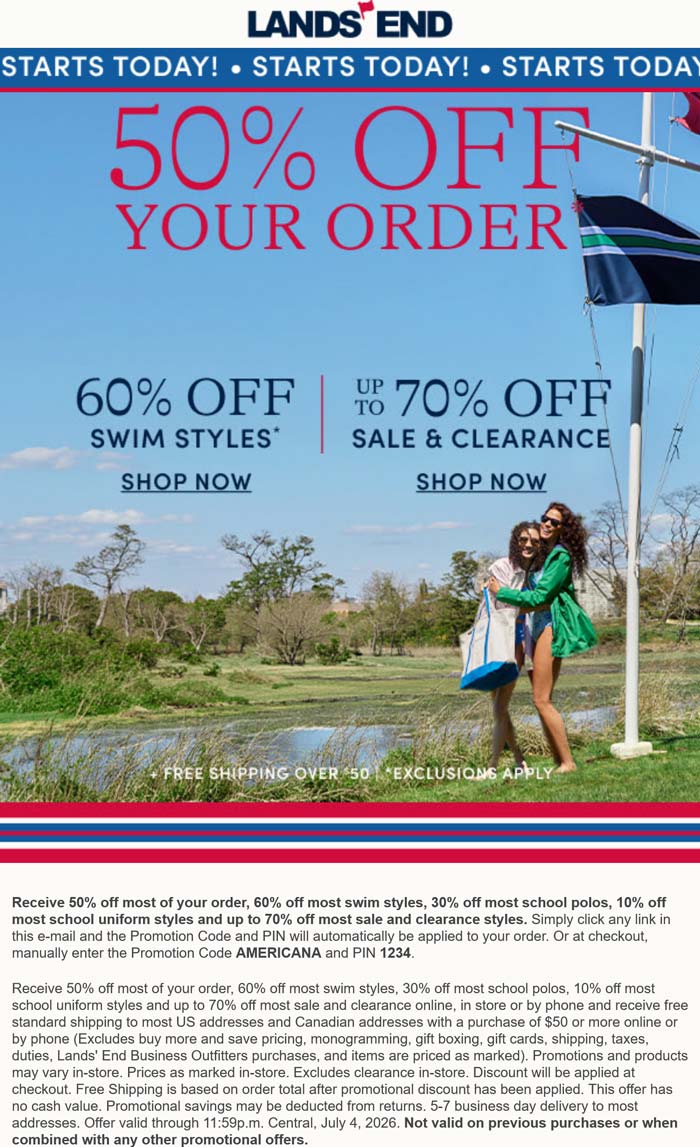 Lands End stores Coupon  50% off at Lands End via promo code AMERICANA and PIN 1234 #landsend 
