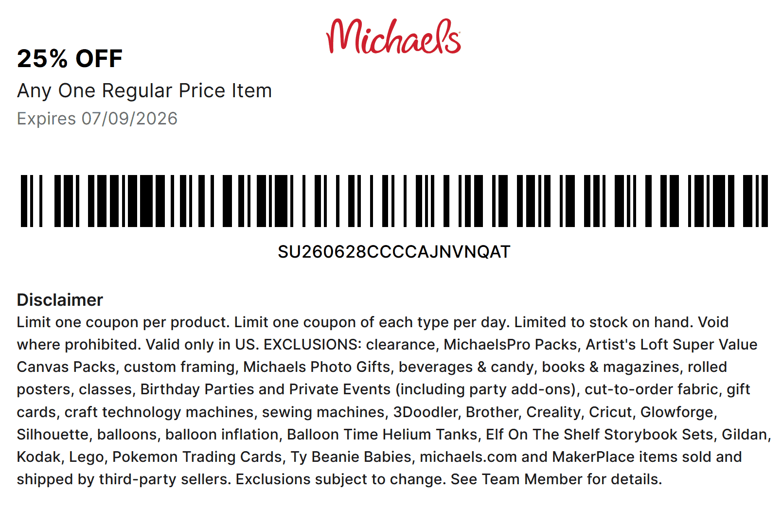 Michaels stores Coupon  25% off a single item at Michaels, or online via promo code JULYISHERE #michaels 