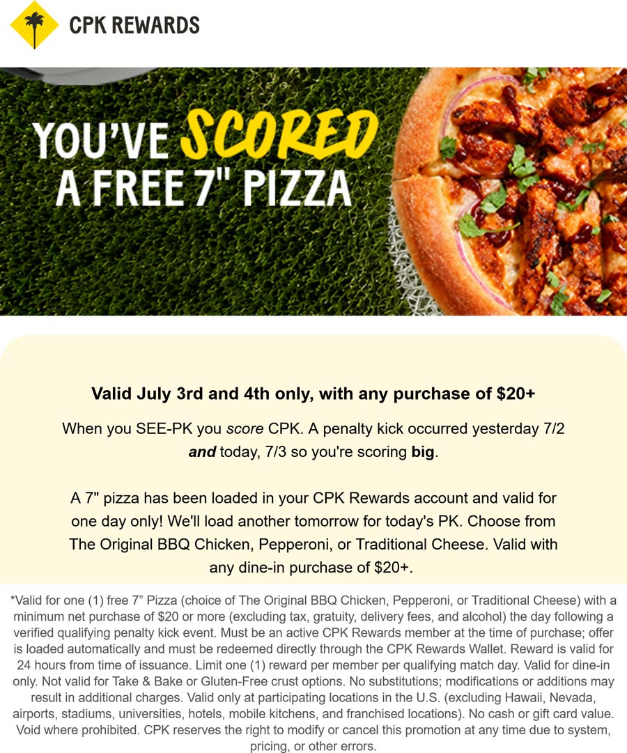 CPK restaurants Coupon  Free 7in pizza via login today at CPK #cpk 