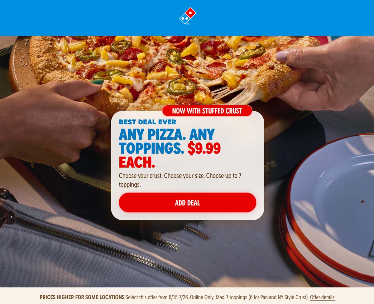 Dominos restaurants Coupon  Large 7 toppings pizza = $10 at Dominos #dominos 