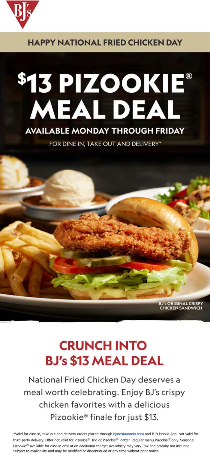 BJs Restaurant restaurants Coupon  Fried chicken meal + pizookie dessert = $13 weekdays at BJs Restaurant #bjsrestaurant 