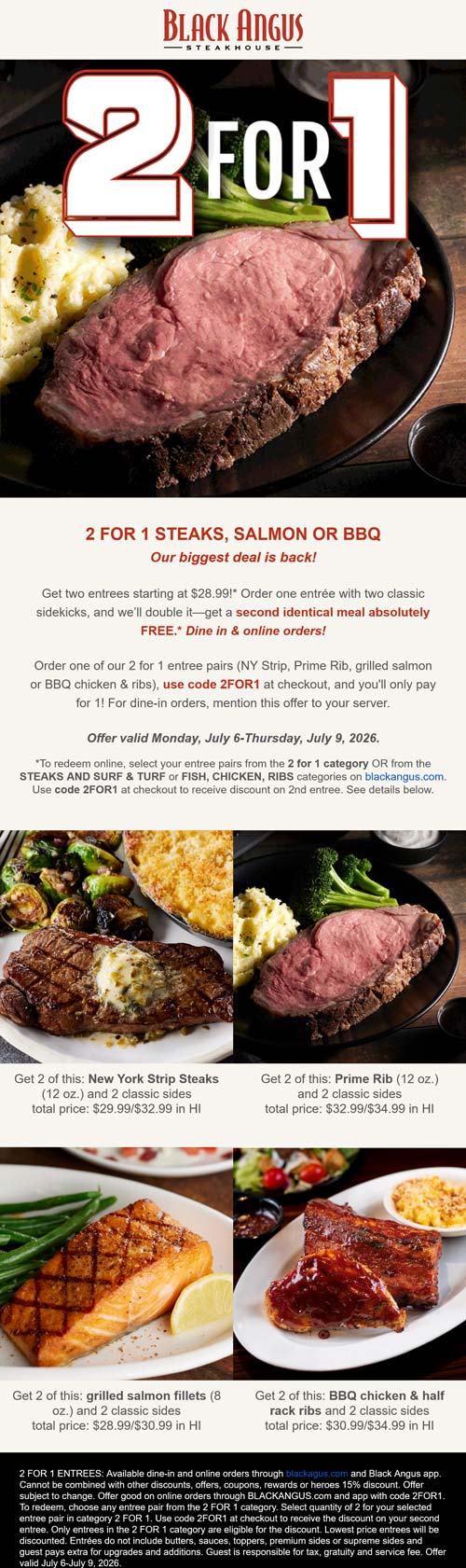 Black Angus restaurants Coupon  Second entree free at Black Angus Steakhouse via promo code 2FOR1 #blackangus 