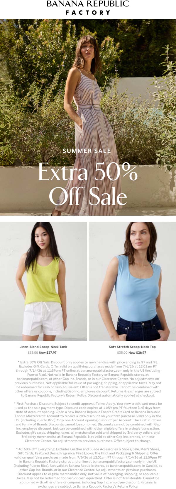 Banana Republic Factory stores Coupon  Extra 50% off sale items & 40-60% off everything else online at Banana Republic Factory #bananarepublicfactory 