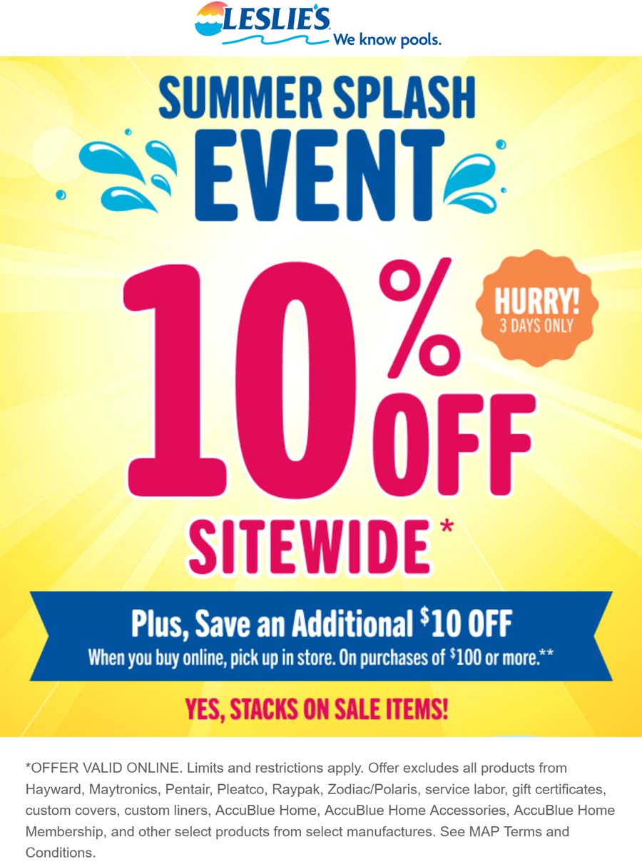 Leslies 10% off +$10 off $100 online at Leslies pool supplies #leslies Leslies stores Coupon 10% off +$10 off $100 online at Leslies pool supplies #leslies