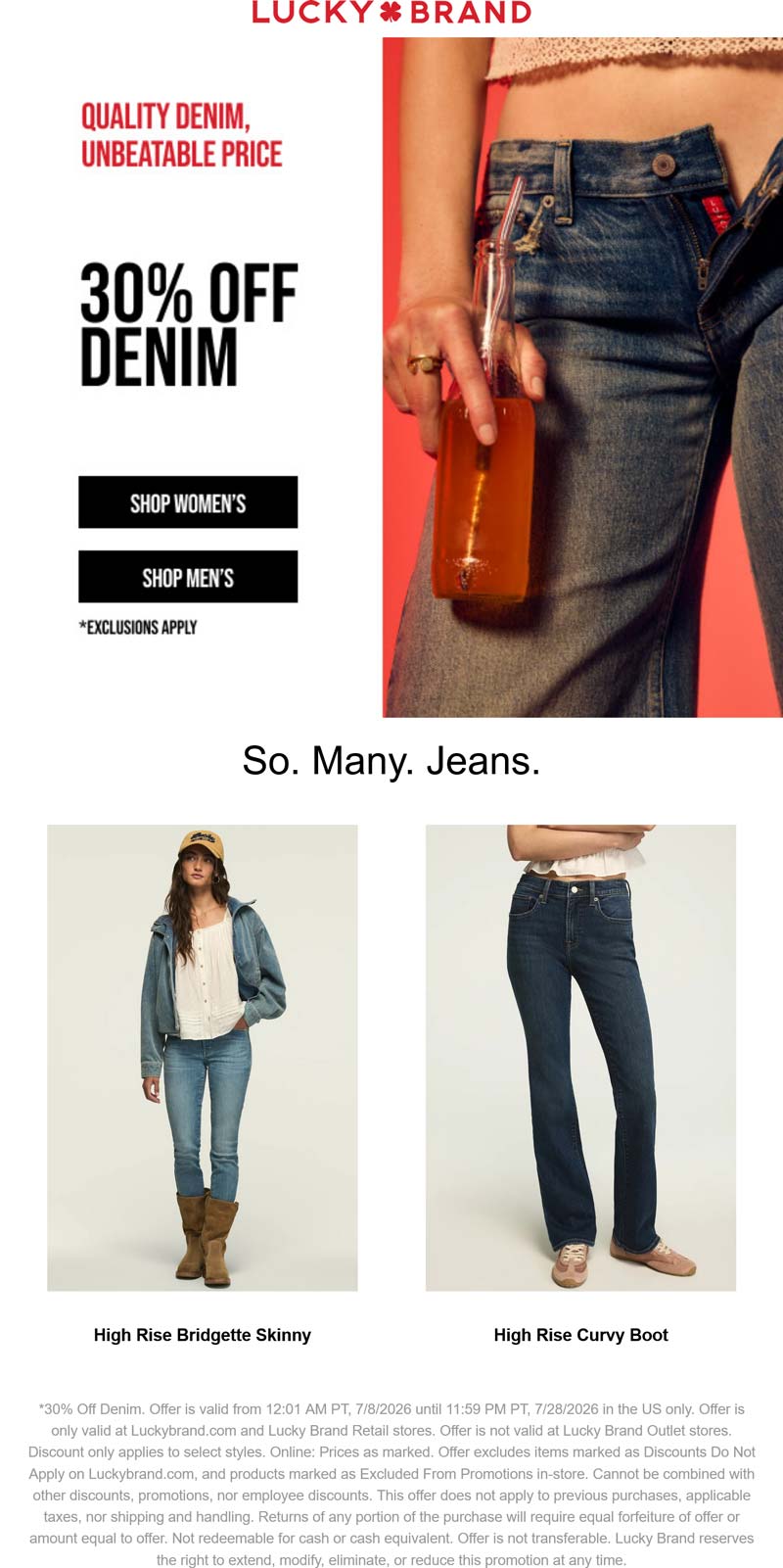 Lucky Brand stores Coupon  30% off denim at Lucky Brand, ditto online #luckybrand 