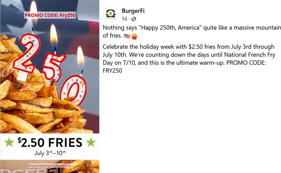 BurgerFi restaurants Coupon  $2.50 fries at BurgerFi restaurants via promo code FRY250 #burgerfi 