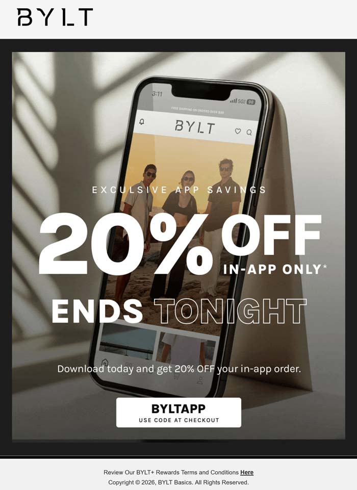 BYLT stores Coupon  20% off via mobile today at BYLT basics #bylt 