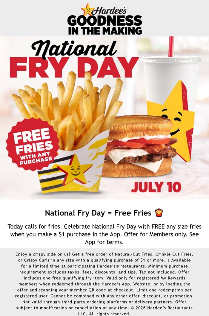 Hardees restaurants Coupon  Free fries on $1 via mobile today at Hardees #hardees 