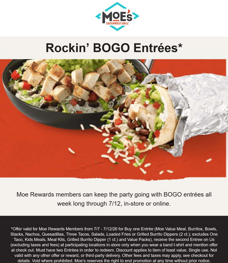 Moes Southwest Grill restaurants Coupon  Second entree free via login at Moes Southwest Grill #moessouthwestgrill 