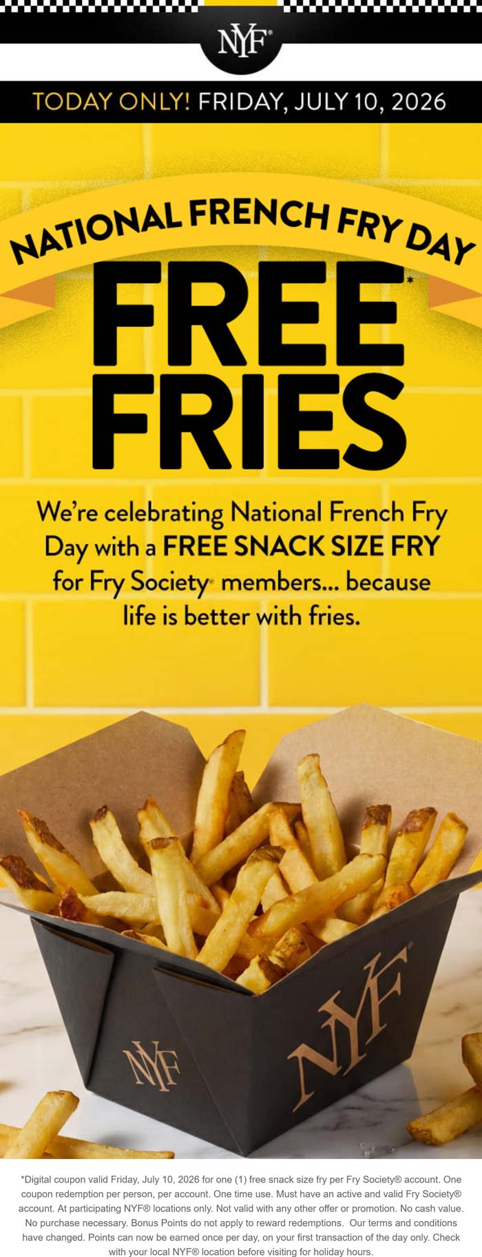 New York Fries restaurants Coupon  Free fries via login today at New York Fries #newyorkfries 