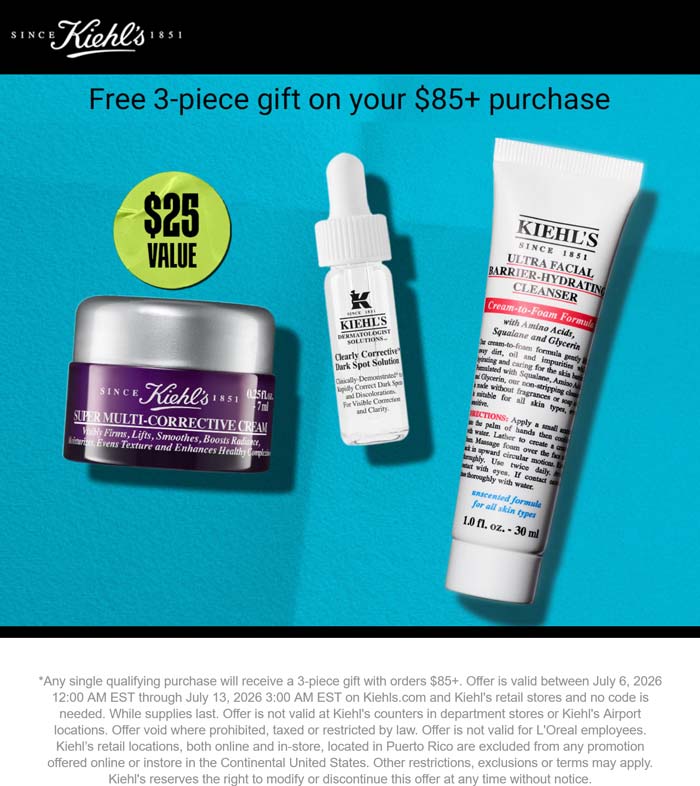 Kiehls stores Coupon  Free 3pc on $85+ today at Kiehls #kiehls 
