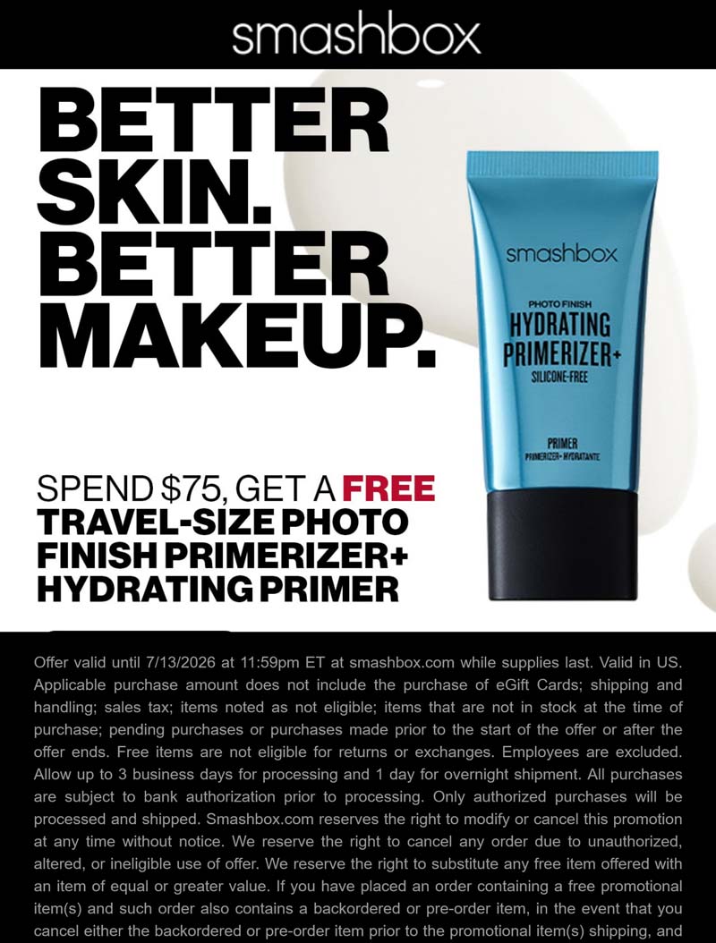 Smashbox stores Coupon  Free primers on $75+ at Smashbox cosmetics #smashbox 