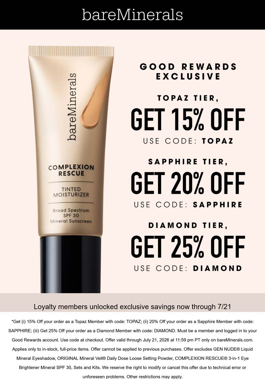 bareMinerals stores Coupon  15-25% off via login at bareMinerals #bareminerals 