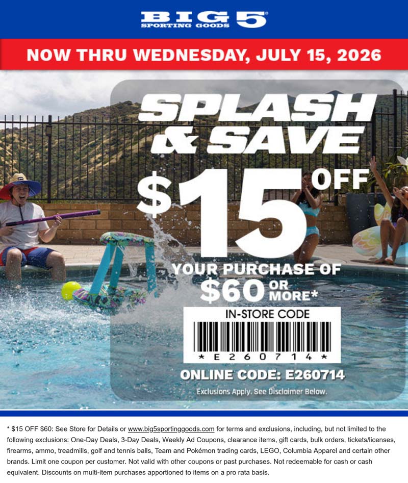 Big 5 stores Coupon  $15 off $60 at Big 5 sporting goods, or online via promo code E260714 #big5 