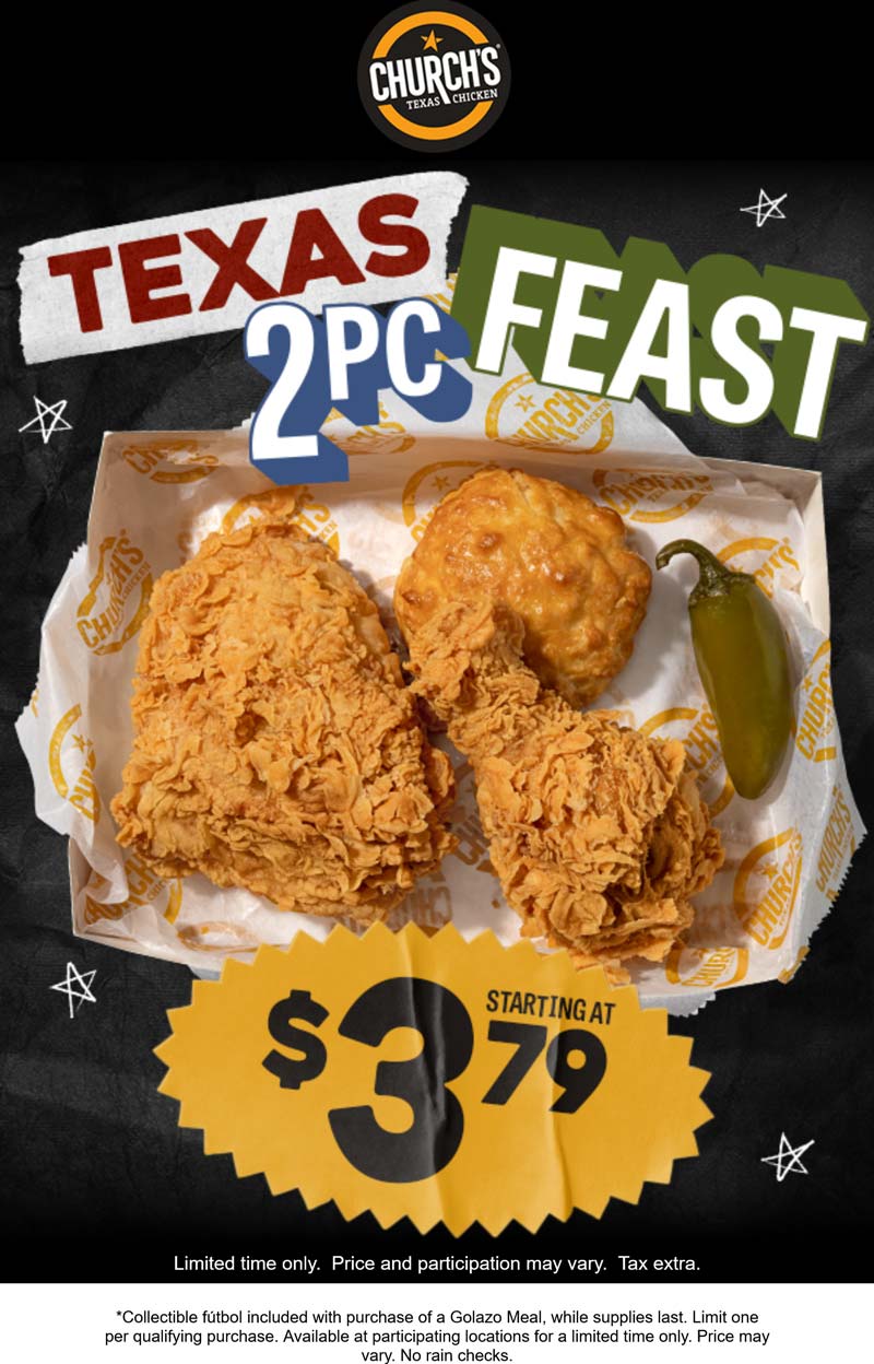 Churchs Texas Chicken restaurants Coupon  2pc chicken meal = $3.79 at Churchs Texas Chicken #churchstexaschicken 