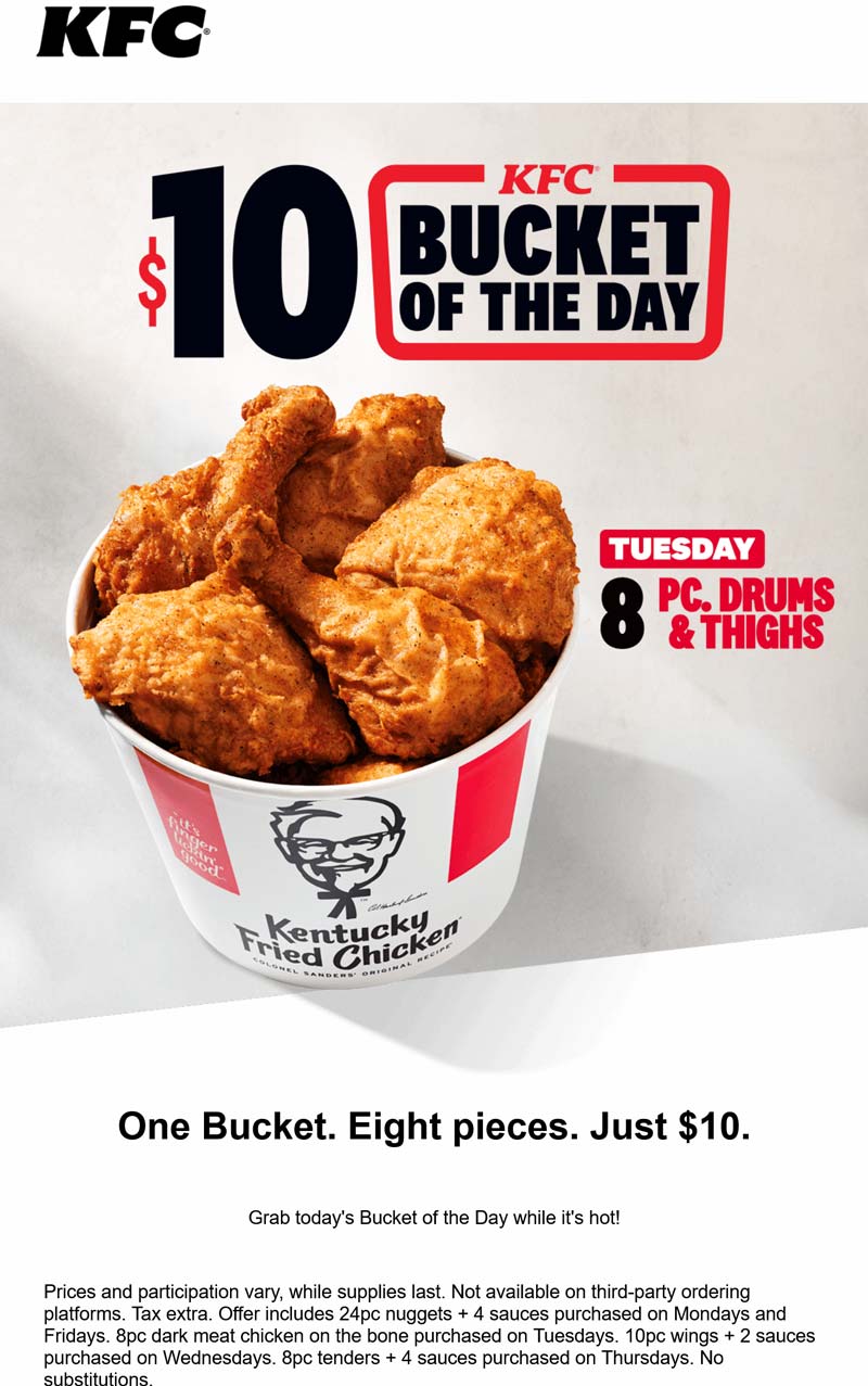 KFC restaurants Coupon  8pc chicken bucket = $10 today at KFC #kfc 