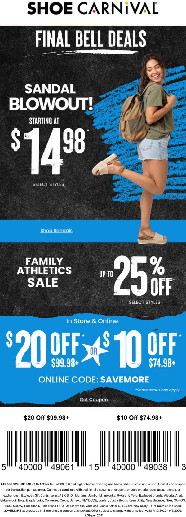Shoe Carnival stores Coupon  $10-$20 off $75+ today at Shoe Carnival, or online via promo code SAVEMORE #shoecarnival 