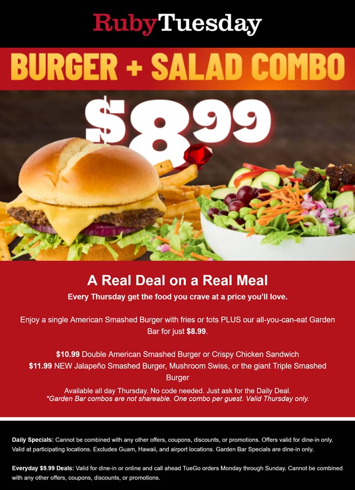 Ruby Tuesday restaurants Coupon  Cheeseburger + fries + bottomless salad bar = $9 today at Ruby Tuesday #rubytuesday 