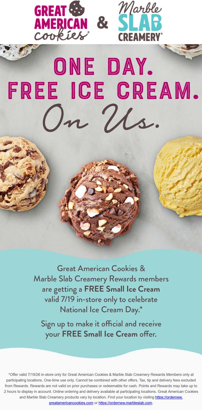 Marble Slab Creamery restaurants Coupon  Free ice cream Sunday at Great American Cookies & Marble Slab Creamery #marbleslabcreamery 