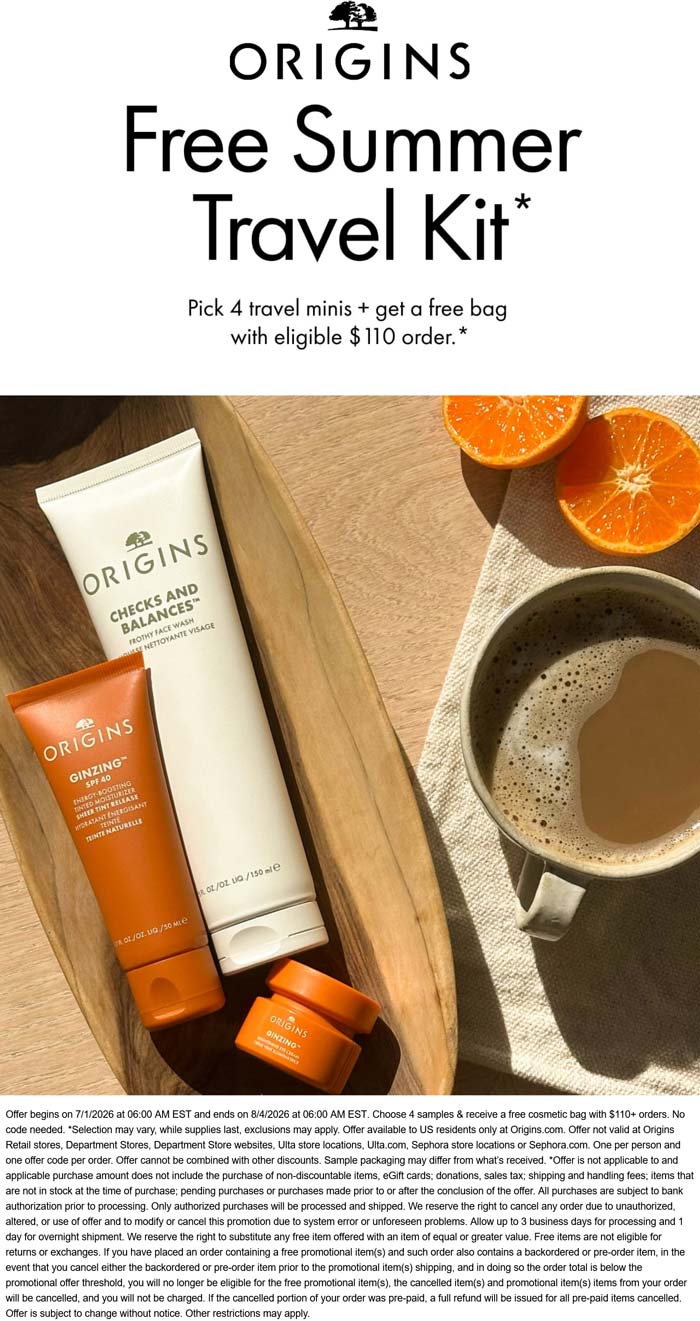 Origins stores Coupon  4 travel minis free on $110 online at Origins #origins 