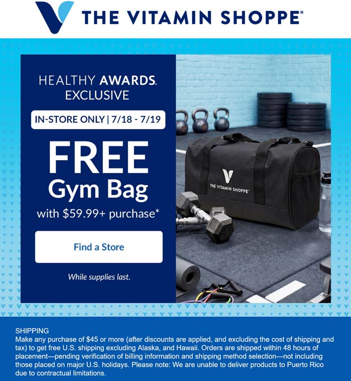 The Vitamin Shoppe stores Coupon  Free gym bag on $60+ at The Vitamin Shoppe #thevitaminshoppe 