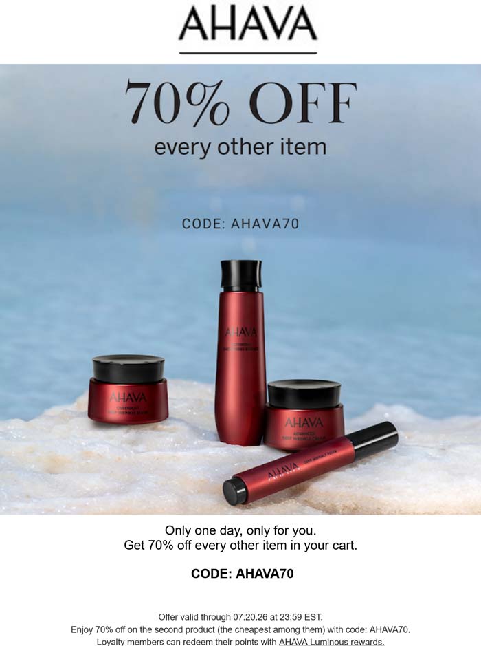 AHAVA stores Coupon  70% off every other item online today at AHAVA via promo code AHAVA70 #ahava 
