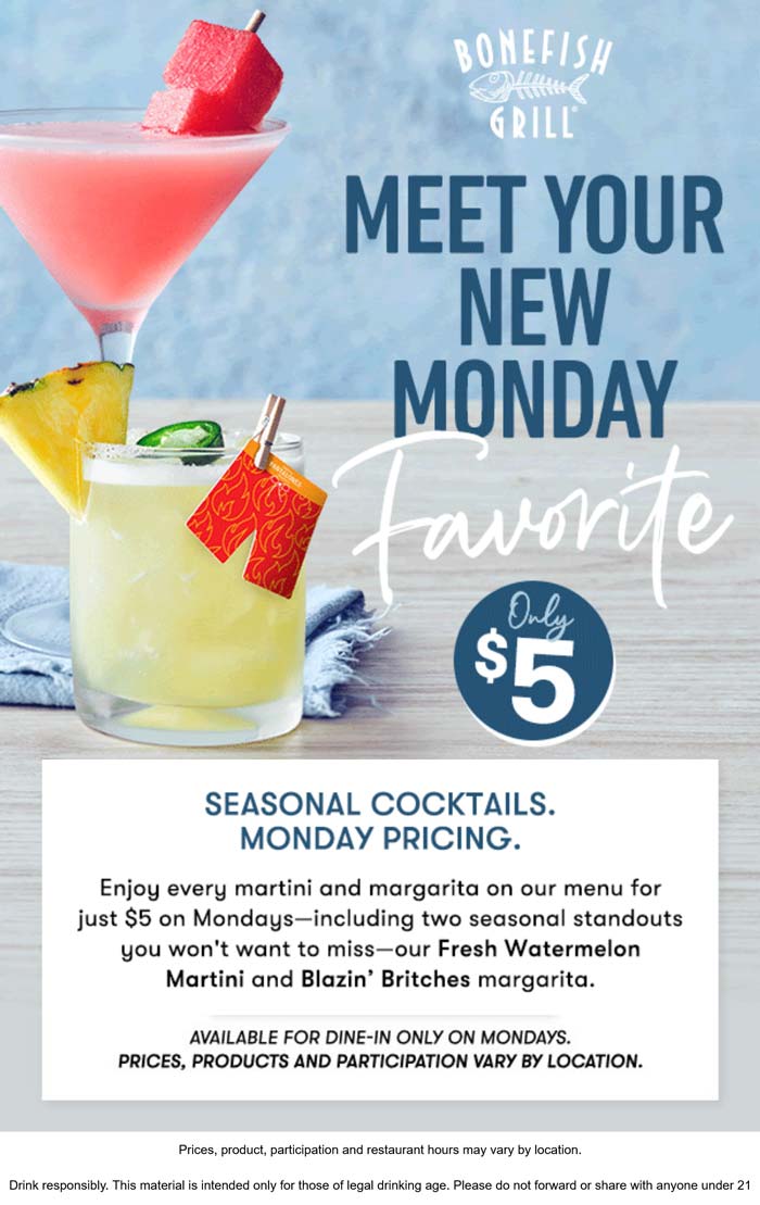 Bonefish Grill restaurants Coupon  $5 margarita & martinis Mondays at Bonefish Grill restaurants #bonefishgrill 