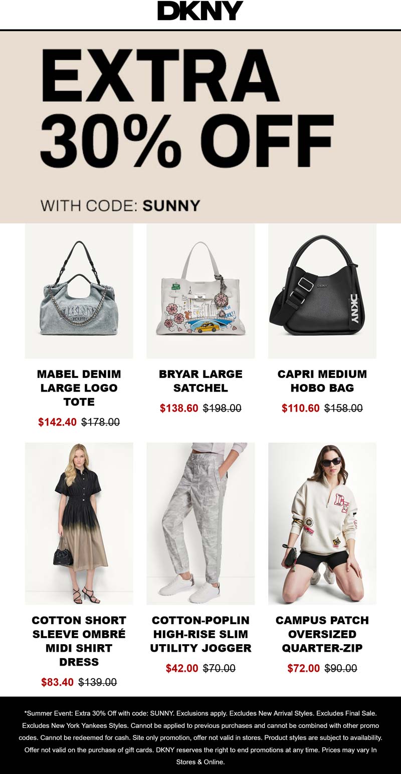 DKNY stores Coupon  Extra 30% off online at DKNY via promo code SUNNY #dkny 