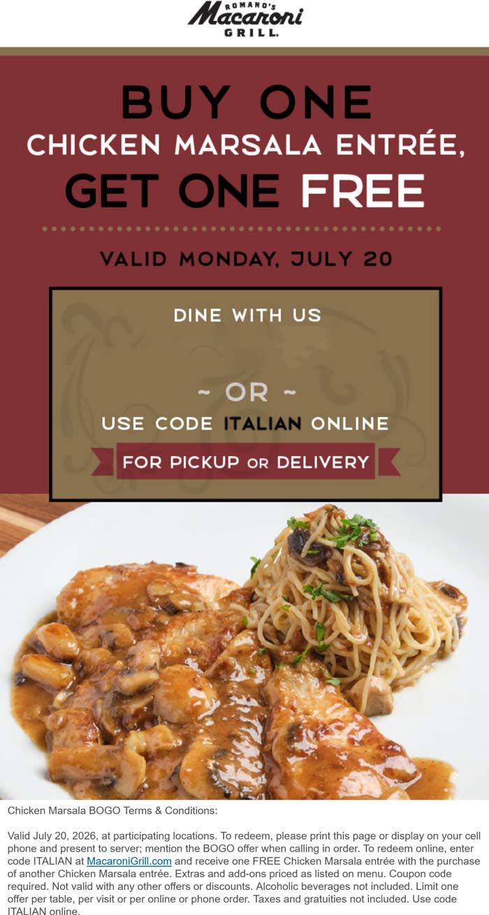 Macaroni Grill restaurants Coupon  Second chicken marsala free today at Macaroni Grill #macaronigrill 