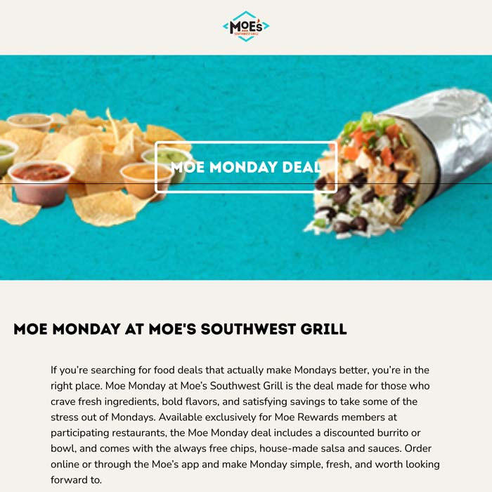 Moes Southwest Grill restaurants Coupon  Burrito or bowl + chips & salsa = $7 today at Moes Southwest Grill #moessouthwestgrill 