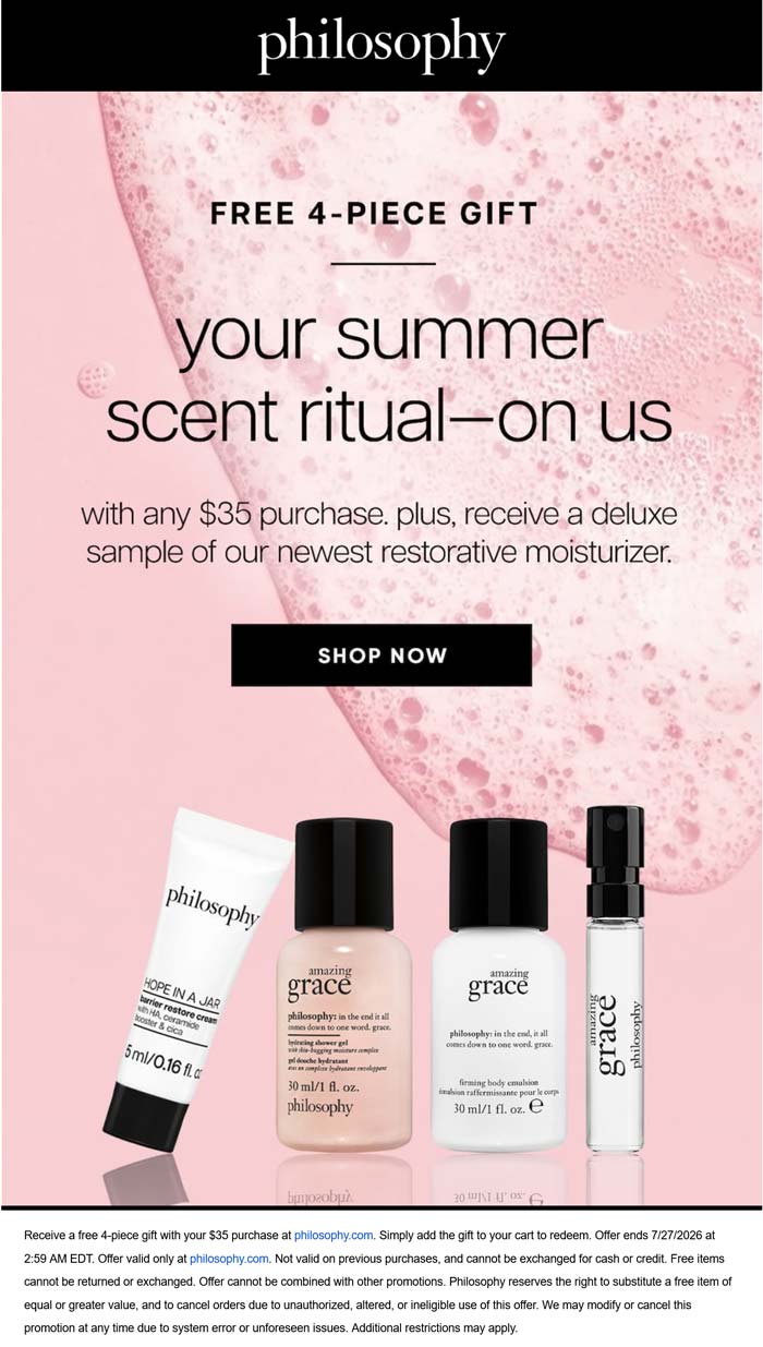 Philosophy Free 4pc on $35+ online at Philosophy #philosophy Philosophy stores Coupon Free 4pc on $35+ online at Philosophy #philosophy