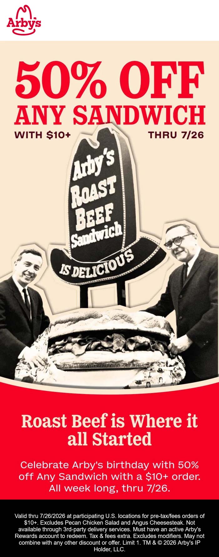 Arbys restaurants Coupon  50% off any sandwich via login at Arbys #arbys 