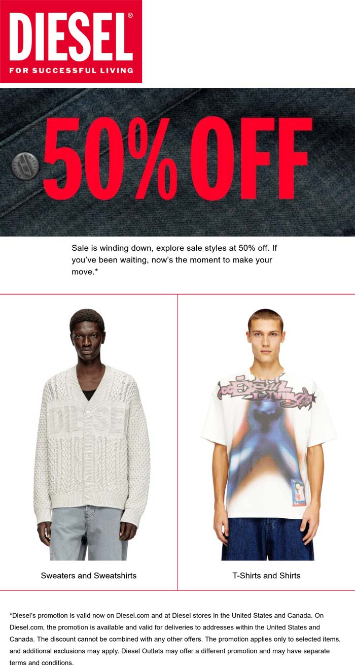Diesel 50% off at Diesel #diesel Diesel stores Coupon 50% off at Diesel #diesel