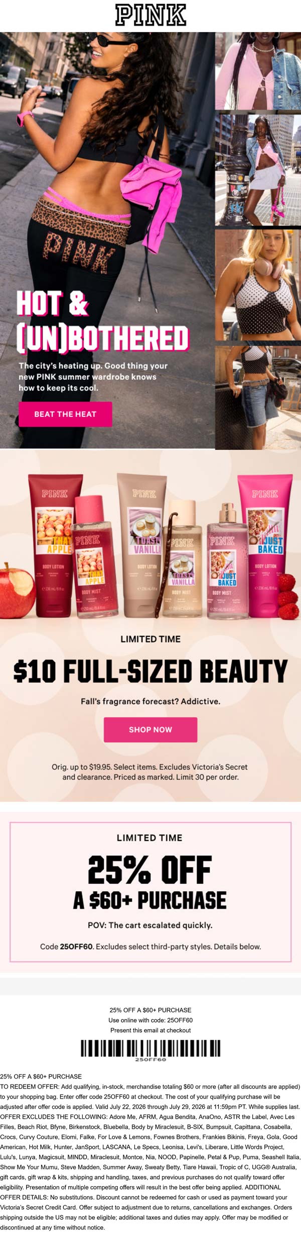 PINK stores Coupon  25% off $60 & $10 full sizes at PINK, or online via promo code 25OFF60 #pink 