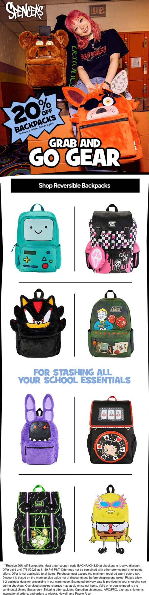 Spencers stores Coupon  20% off backpacks at Spencers via promo code BACKPACKS20 #spencers 