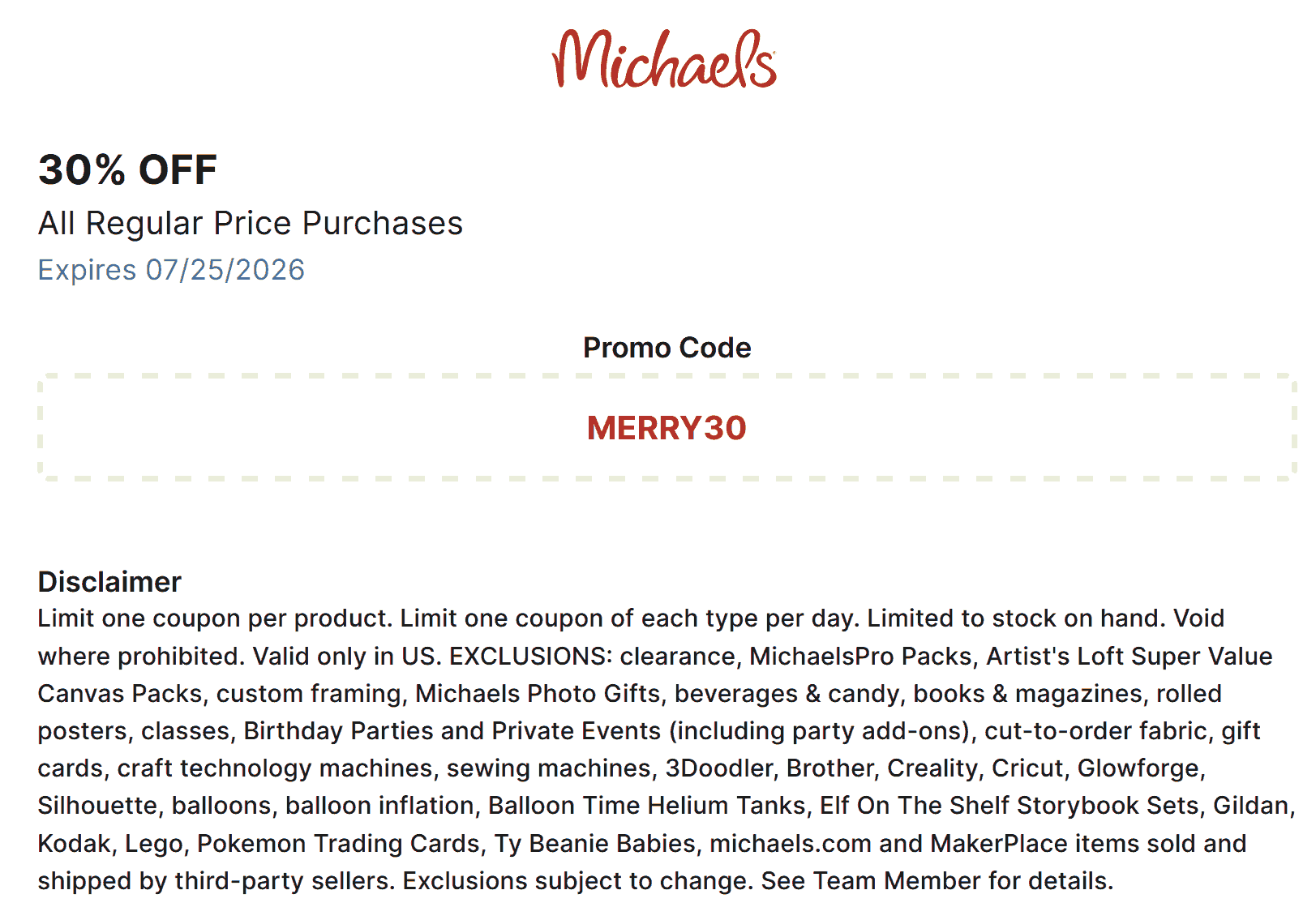 Michaels 30% off online today at Michaels via promo code MERRY30 #michaels Michaels stores Coupon 30% off online today at Michaels via promo code MERRY30 #michaels